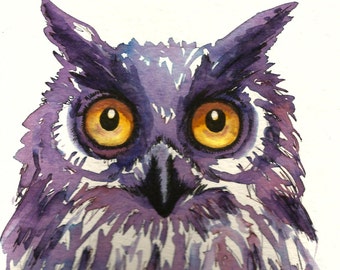 Art Original Watercolor Animals Pets  "OWL"