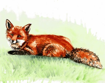 Art Original Watercolor Animals Pets  " RED FOX "