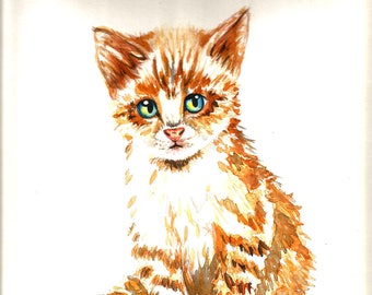 Art Original Watercolor Animals Pets  "Red CAT " Kitty"