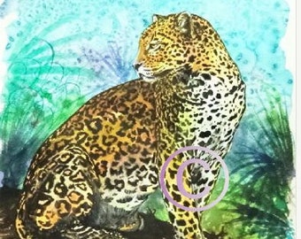 Large  Art Original Watercolor " Leopard "Made in  Italy Animal Woodland   Italian Landscape & Scenic