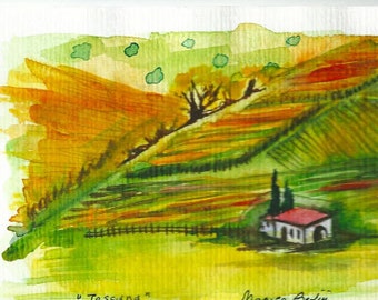 Italian Landscape Original ART Postalcard Painting Original Watercolor  italian Landscape "TUSCANY" Italy