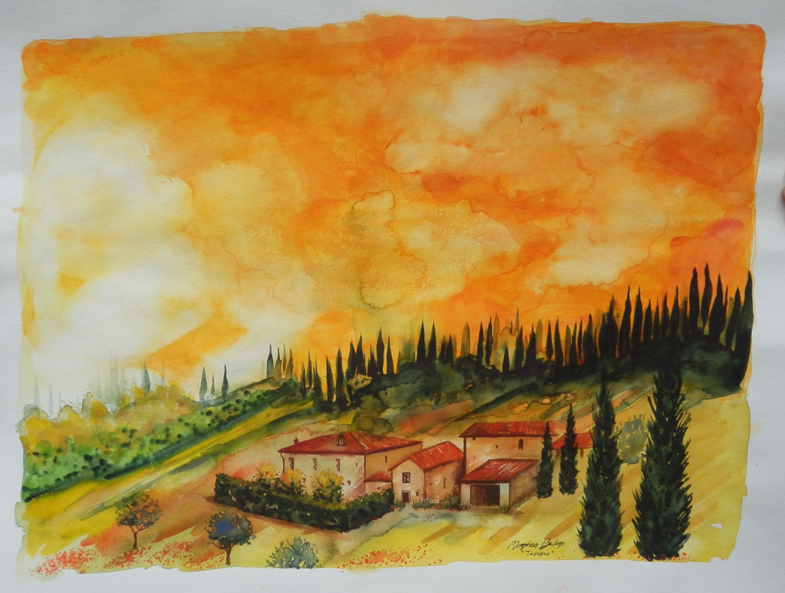 Superlarge Italian Landscape ART Painting Original Watercolor