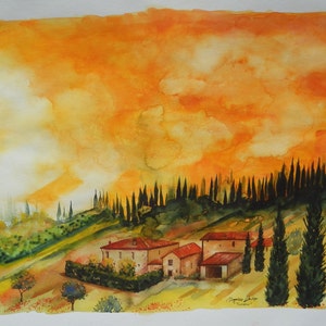 Super-LARGE Italian Landscape ART Painting Original Watercolor Landscape "TUSCANY" Italy