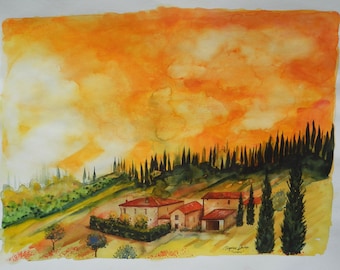 Super-LARGE Italian Landscape ART Painting Original Watercolor Landscape &quot;TUSCANY&quot; Italy