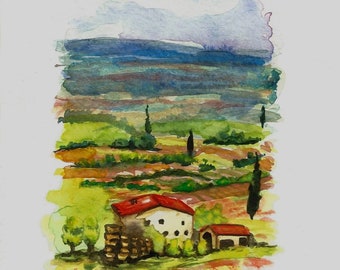 Original Italian Landscape ART Painting Original Watercolor Landscape "TUSCANY" Italy  Italian Landscape & Scenic