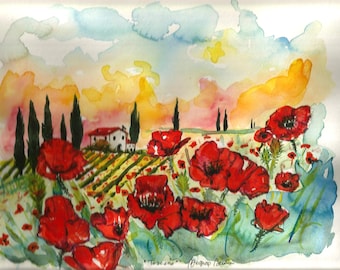 ART Painting "9.50 x "12.50 Original Watercolor Italian Landscape "TUSCANY" Italy Italian Landscape & Scenic Made to Order