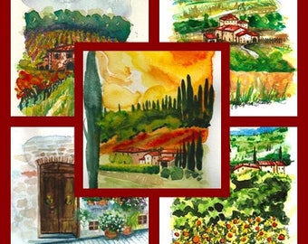 Made To Order-Four + One Free Italian Landscape ART Painting Original Watercolor Landscape "TUSCANY" Italy  Italian Landscape & Scenic