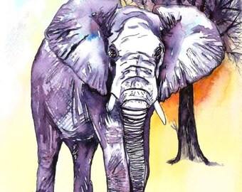 Italian  Art  Original Watercolor &quot;Elephant&quot; Italy Animal Woodland   Italian Landscape & Scenic