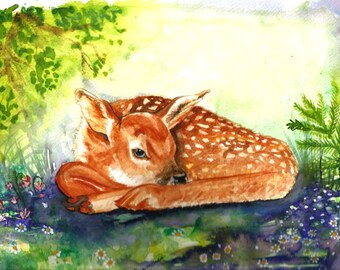 Italian  Art  Original Watercolor "Fawn" Italy Animal Woodland   Italian Landscape & Scenic