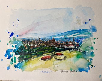 ART Painting "9.50 x "12.50 Original Watercolor Panoramica of Florence Tuscany Italy Made to Order