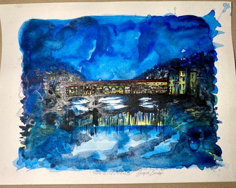 ART Painting "9.50 x "12.50 Original Watercolor "Old Bridge Of Florence" Tuscany Italy Made to Order