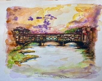 ART Painting "9.50 x "12.50 Original Watercolor "Old Bridge Of Florence" Tuscany Italy Made to Order