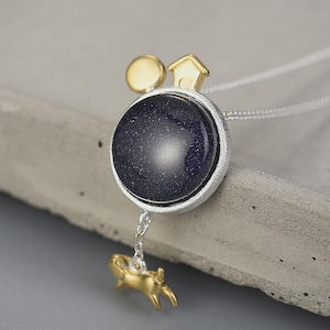 Sterling Silver Dog Necklace: Blue Sandstone Celestial Pendant