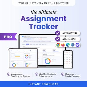 Könnte beinhalten: Digitale Werbung für einen Aufgaben-Tracker, angezeigt auf einem Laptop, Tablet und Smartphone. Das Design ist weiß und blau, mit dem Text "the ultimate Assignment Tracker". Zu den Funktionen gehören automatische Verfolgung, All-in-One-Funktionalität und Aufgabenverfolgung nach Kurs.