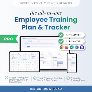 May include: An advertisement for an employee training plan and tracker. The image shows a laptop, tablet, and smartphone displaying the software interface. Text includes "Employee Training Plan & Tracker", "Automated", "All-in-one", and "Instant Download".
