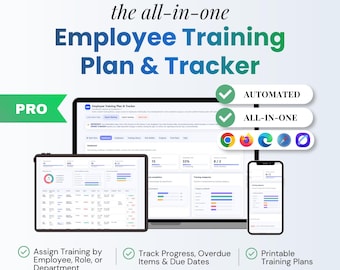 May include: An advertisement for an employee training plan and tracker. The image shows a laptop, tablet, and smartphone displaying the software interface. Text includes "Employee Training Plan & Tracker", "Automated", "All-in-one", and "Instant Download".