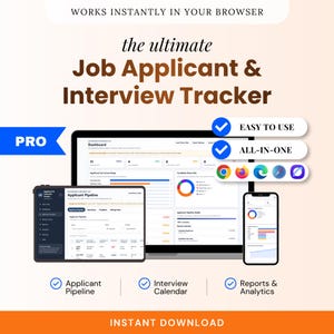 May include: A digital job applicant and interview tracker software interface displayed on a laptop, tablet, and smartphone. The screen shows dashboards, applicant pipelines, and analytics. Text includes "WORKS INSTANTLY IN YOUR BROWSER" and "PRO".