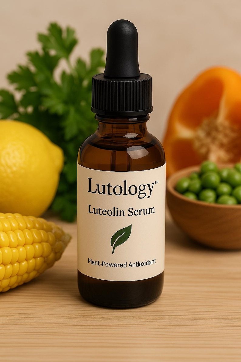 May include: A brown glass bottle with a black dropper top and a white label that reads "Lutology&trade; Luteolin Serum Plant-Powered Antioxidant".