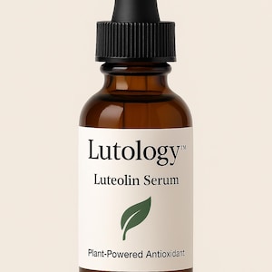 May include: A brown glass bottle with a black dropper top. The bottle is labeled "Lutology&trade; Luteolin Serum Plant-Powered Antioxidant".