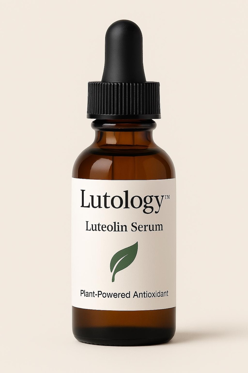 May include: A brown glass bottle with a black dropper top. The bottle is labeled "Lutology&trade; Luteolin Serum Plant-Powered Antioxidant".