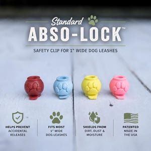 May include: Four Standard ABSO-LOCK safety clips for 1-inch wide dog leashes in red, light blue, yellow, and pink. Each clip features a molded paw print design. Text includes Standard ABSO-LOCK, safety clip for 1-inch wide dog leashes, and features.