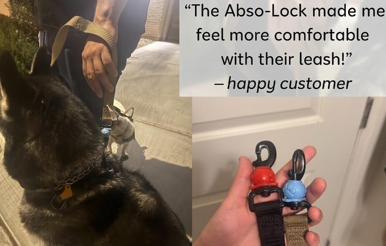 May include: A set of two Abso-Lock leash safety clips, one red and one light blue, attached to dog leashes. The text reads: The Abso-Lock made me feel more comfortable with their leash! &ndash; happy customer. The clips feature a secure locking mechanism.