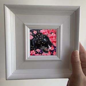Handmade Black Panther Miniature Oil Painting, Tabletop Decor for Wildlife Enthusiasts