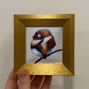 Small Bird Mini Painting - 4x4 Inch Framed Artwork, Original handmade Desk Decor, Miniature Wall Art, best friend gift