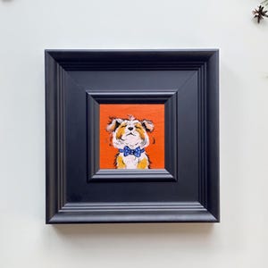 Whimsical Mini Dog Oil Painting on Vibrant Orange Background - Adorable Gift for Dog Lovers - Perfect Desk Decor - framed artwork