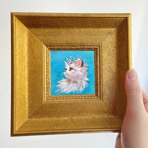 Tiny Cat Artwork with Regal Crown: Original Handmade Painting for Cat Lovers, Wall or Table Decor,framed artwork,Mini Oil Painting