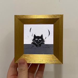 Framed Miniature Cat Artwork - Tiny and Playful Animal Painting in Elegant Gold Frame - Quirky Desk Decor or Wall Art Gift Idea