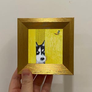Mini Husky Oil Painting: Whimsical Framed Desk Art (4x4 Inch Canvas, Gold Frame)
