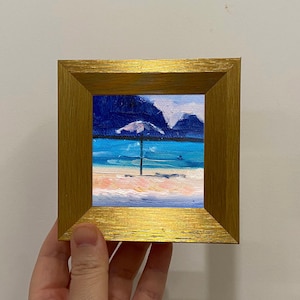 Mini Beach Landscape Painting,4x4 Inch Framed Miniature Oil Painting,Small Original Artwork for Desktop Decor,best friend gift