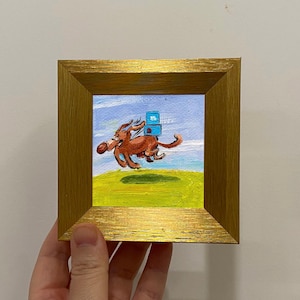 Puppy Painting in Gold Frame: 4x4 Inch Original Dog Art