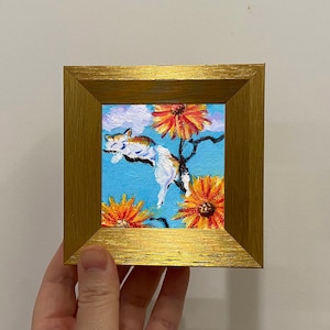 Miniature Cat Oil Painting - Cute Cat Sleeping under Blue Sky - Small Desk Decor - Small Wall Decor - 4x4 Inch Framed Artwork