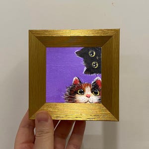 Two Cute Cats Small Oil Painting, 4x4 Inch Original Miniature Framed Art, Black Cat Tabletop Art, Gift for Mom