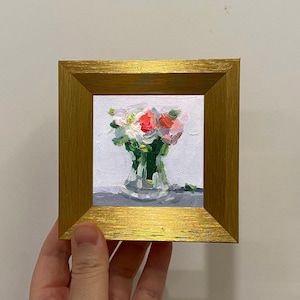 Pink Flowers in a Vase Original Oil Painting Art, 4x4 Inch Framed Art, Still Life Eclectic Gallery Set, Floral Decor for Wall or Tabletop