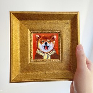 Perritos alegres: Pintura al óleo en miniatura para amantes de los perros, divertida decoración de mesa con arte canino, pintura al óleo original enmarcada pequeña