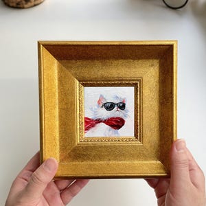 Whimsical Miniature Cat Art - Small oil painting of a white cat for tabletop or wall display - Fine home decor for animal lovers