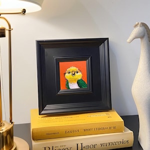 Mini pintura al óleo de pájaro vibrante - Pequeña obra de arte enmarcada para decorar la pared o el escritorio - Regalos hechos a mano - Adorable pintura de animales