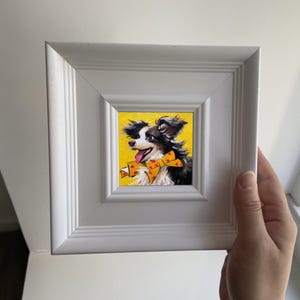 Happy Puppy Mini Oil Artwork - Small Animal Painting for Desk or Shelf, Thoughtful Present for Pet Owners, Tiny Home Accent