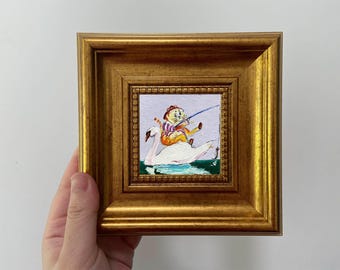 Whimsical Kitten Fishing Mini Oil Painting - Framed Handmade Art