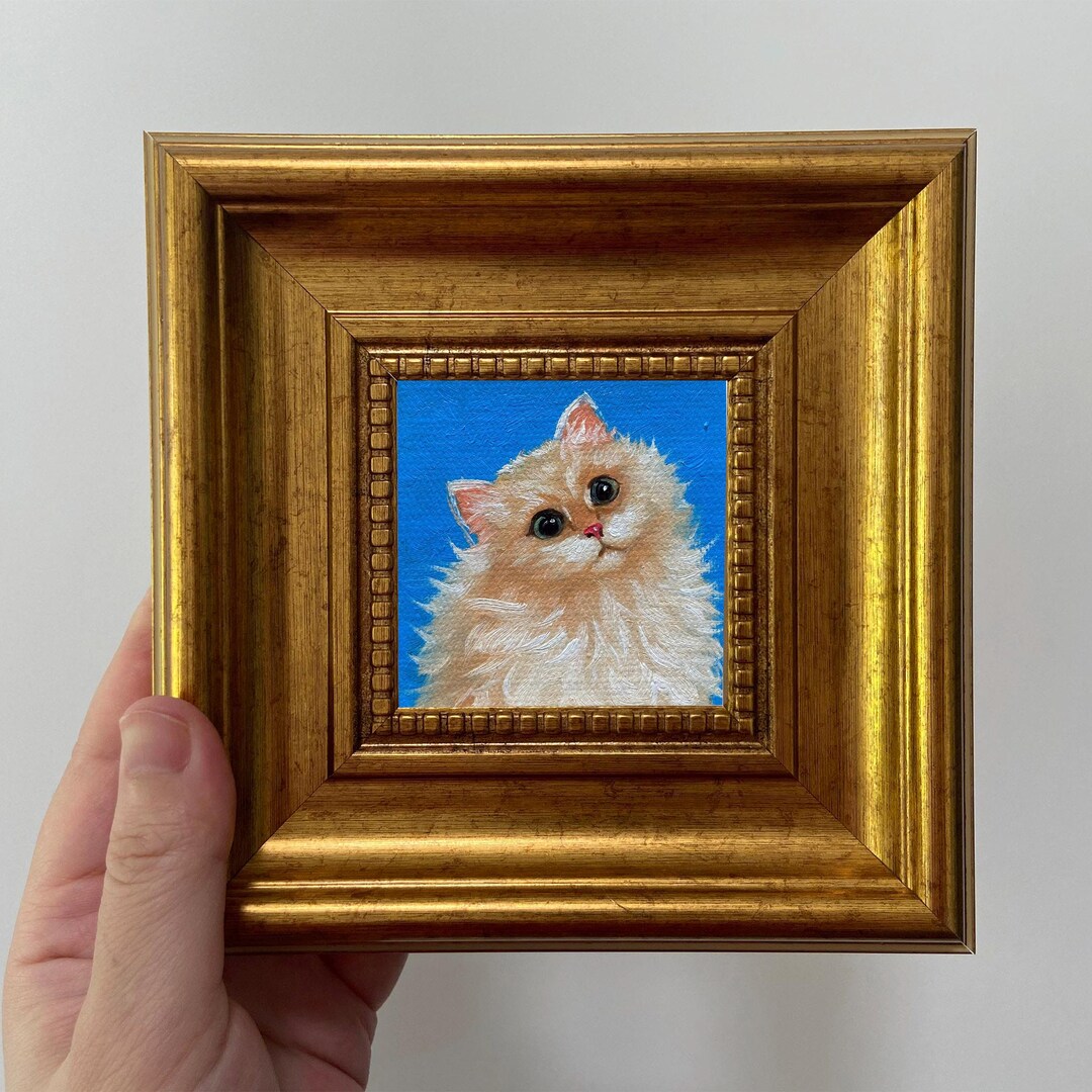 Original Miniature Cat Oil Painting | Framed Pet Portrait Art | Small ...