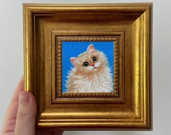 Peinture à l'huile originale de chat miniature | Portrait d'animal de compagnie encadré | Petit cadeau de décoration murale
