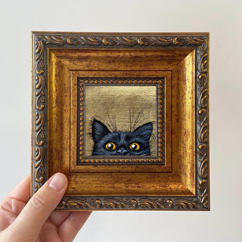Small Wall Decoration Gift - Hand-Painted Black Cat Artwork with Gold Leaf Frame Gold 4(6.5x6.5 in）