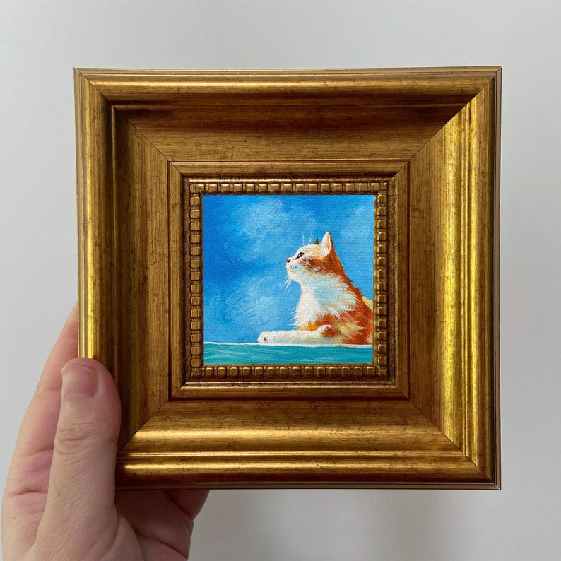 Original Hand-painted Miniature Cat Oil Painting - Framed Artwork ...