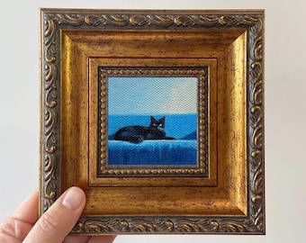 Black Cat Miniature Oil Painting: Original Framed Art