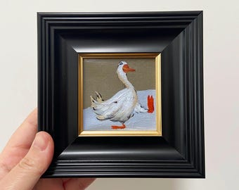 Mini Duck Oil Painting: Framed Goose Wall Art, 4x4 Inch