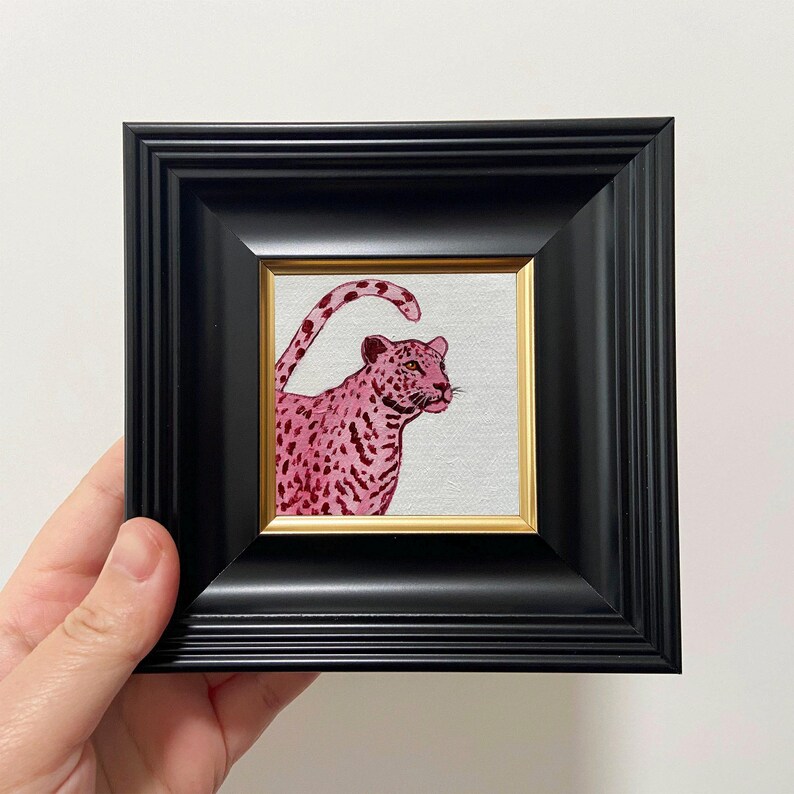 Pink Cheetah Art | Original Miniature Oil Painting | Framed Room Decor Black 2（5.6x5.6 in)