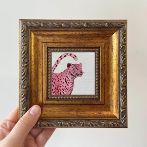 Pink Cheetah Art | Original Miniature Oil Painting | Framed Room Decor Gold 4(6.5x6.5 in）